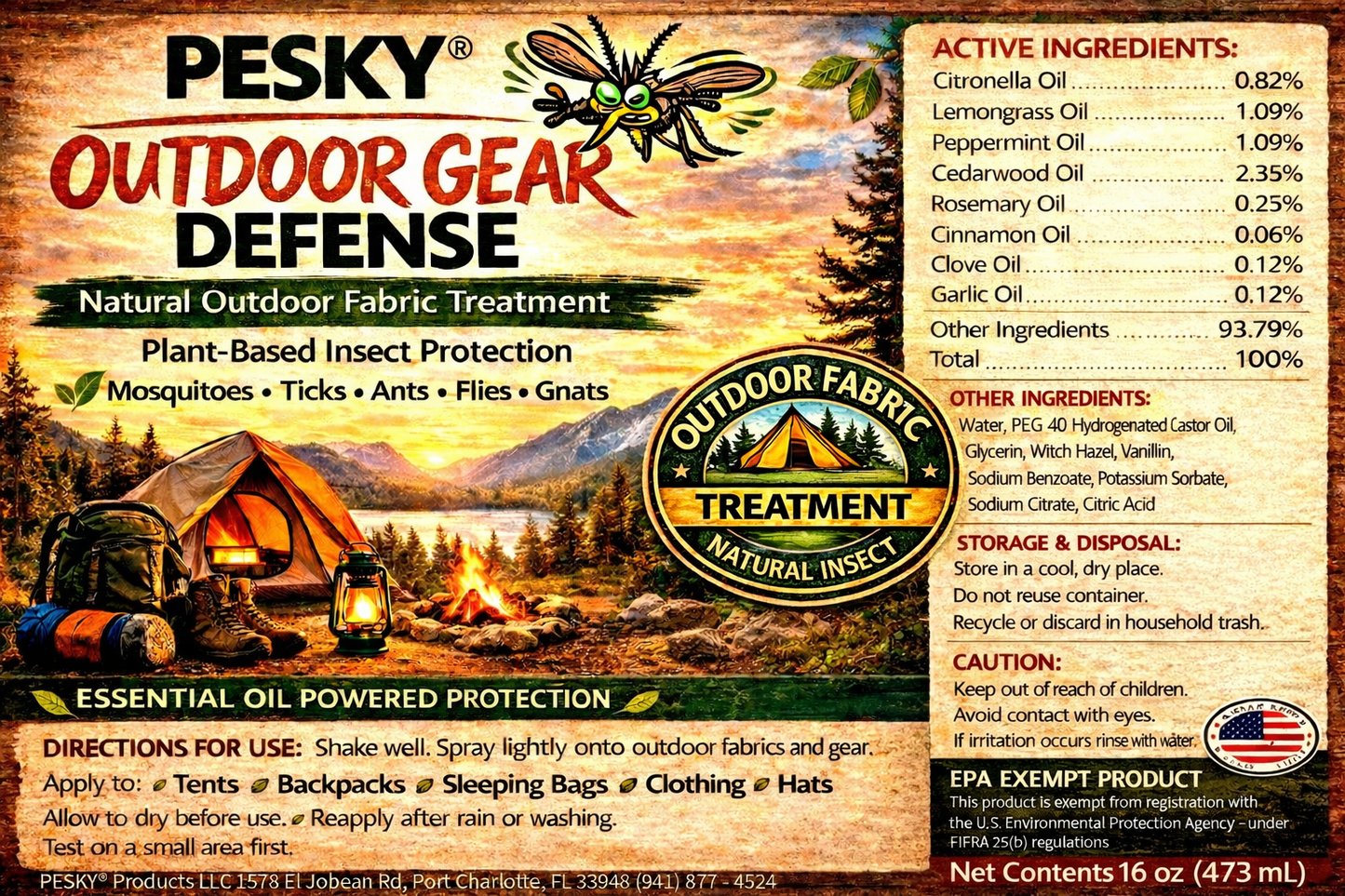 PESKY® Outdoor Gear Defense Spray | Botanical Formula for Tents, Clothing & Equipment | Helps Deter Mosquitoes, No-See-Ums & Biting Insects