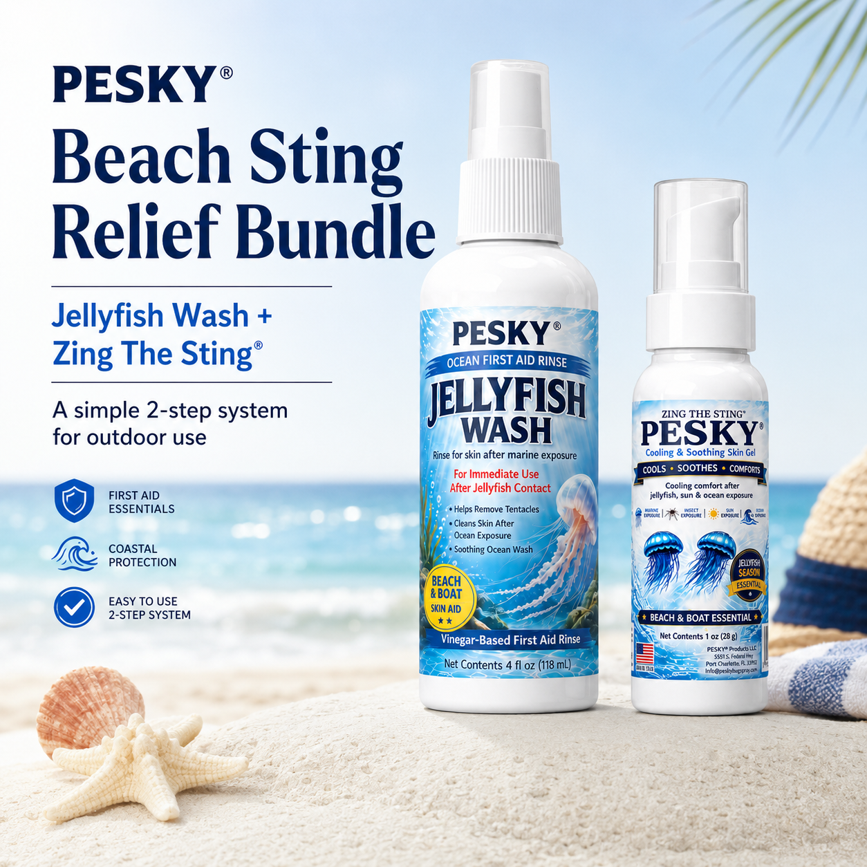PESKY® Beach Sting Relief Bundle – Jellyfish Wash & Zing The Sting™ Cooling Comfort