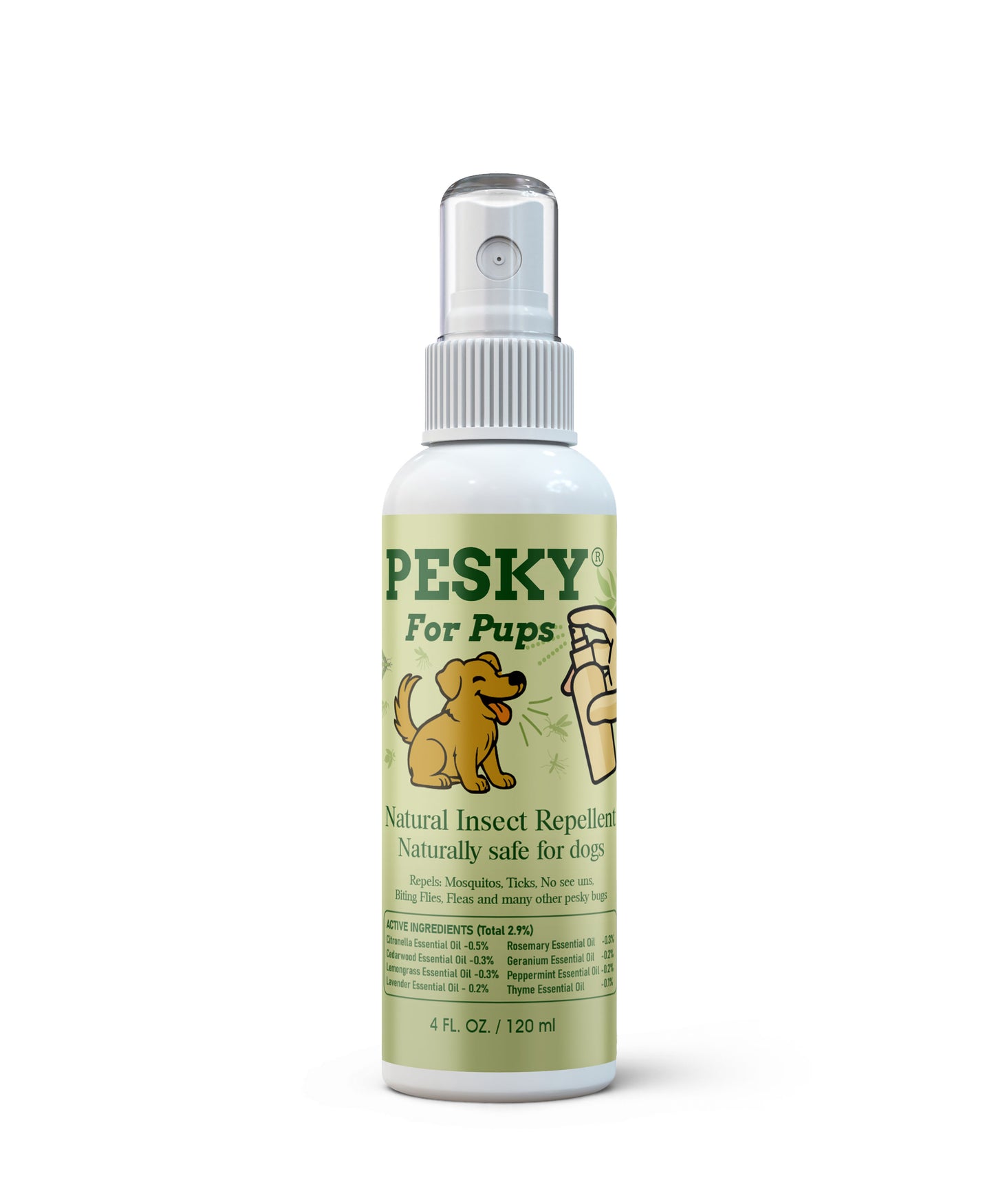 Bottle of natural insect repellent for dogs on a white background