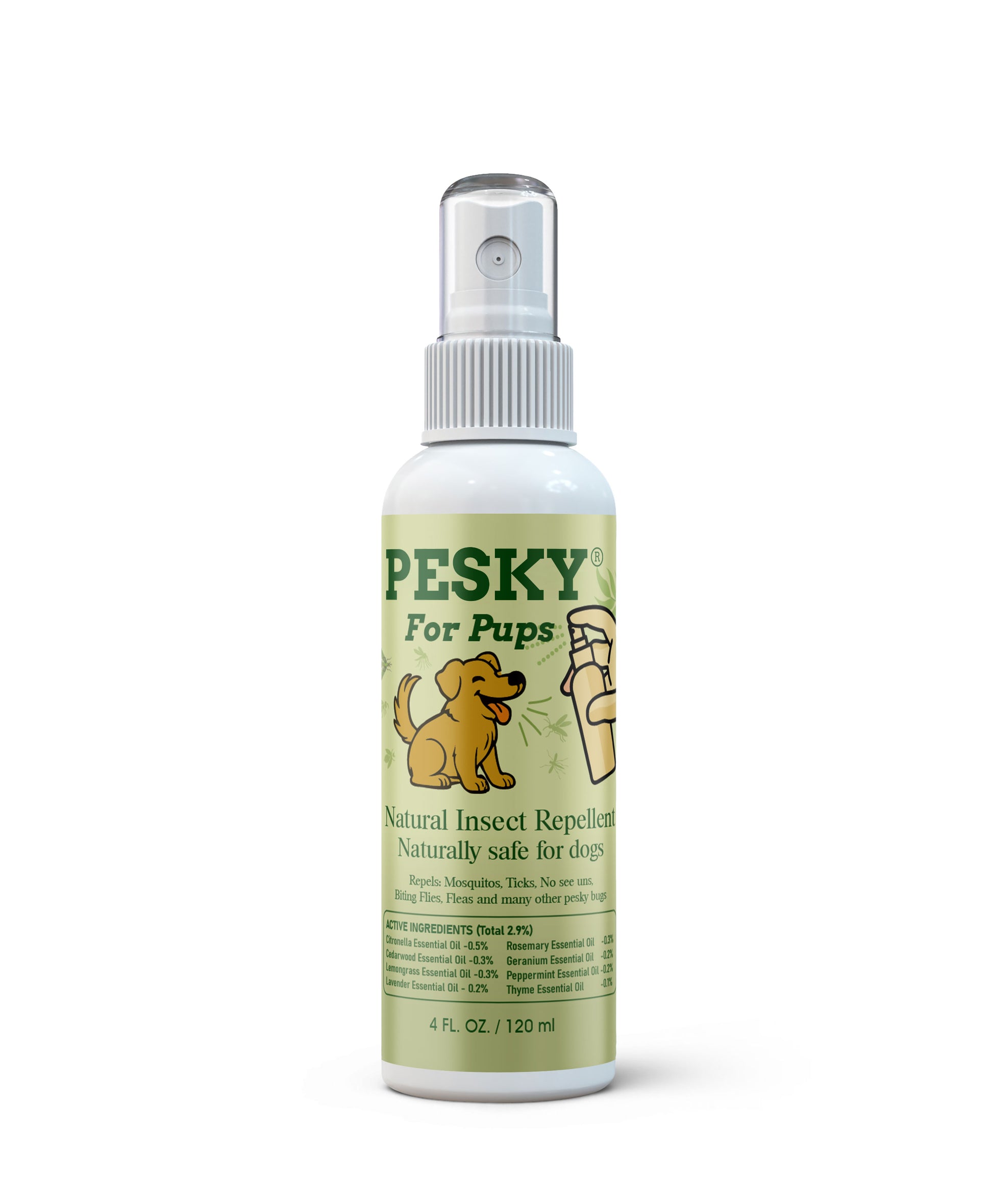 Bottle of natural insect repellent for dogs on a white background