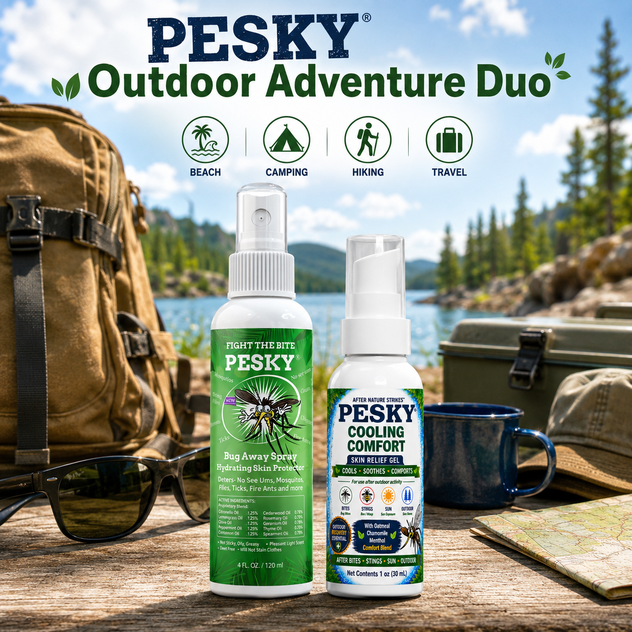PESKY® Outdoor Adventure Duo | Bug Away Spray + After Nature Strikes™ Skin Calming Formula
