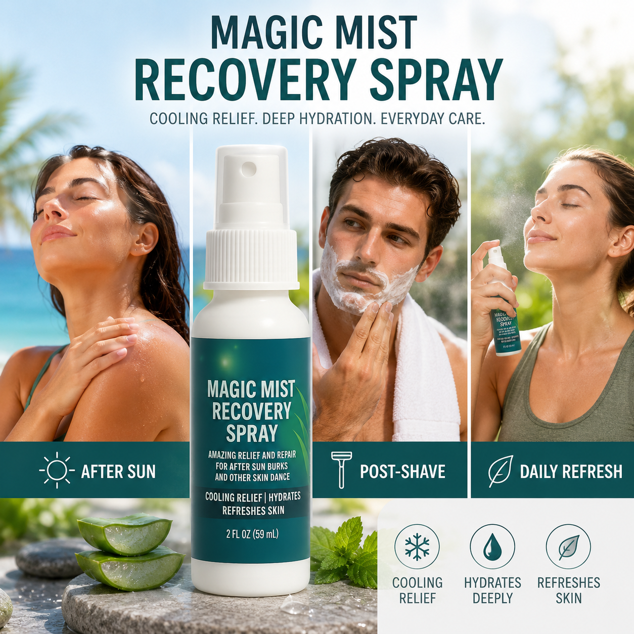 Magic Mist Recovery Spray — Instantly cools, soothes, and hydrates sun-stressed skin with pure aloe and botanicals.