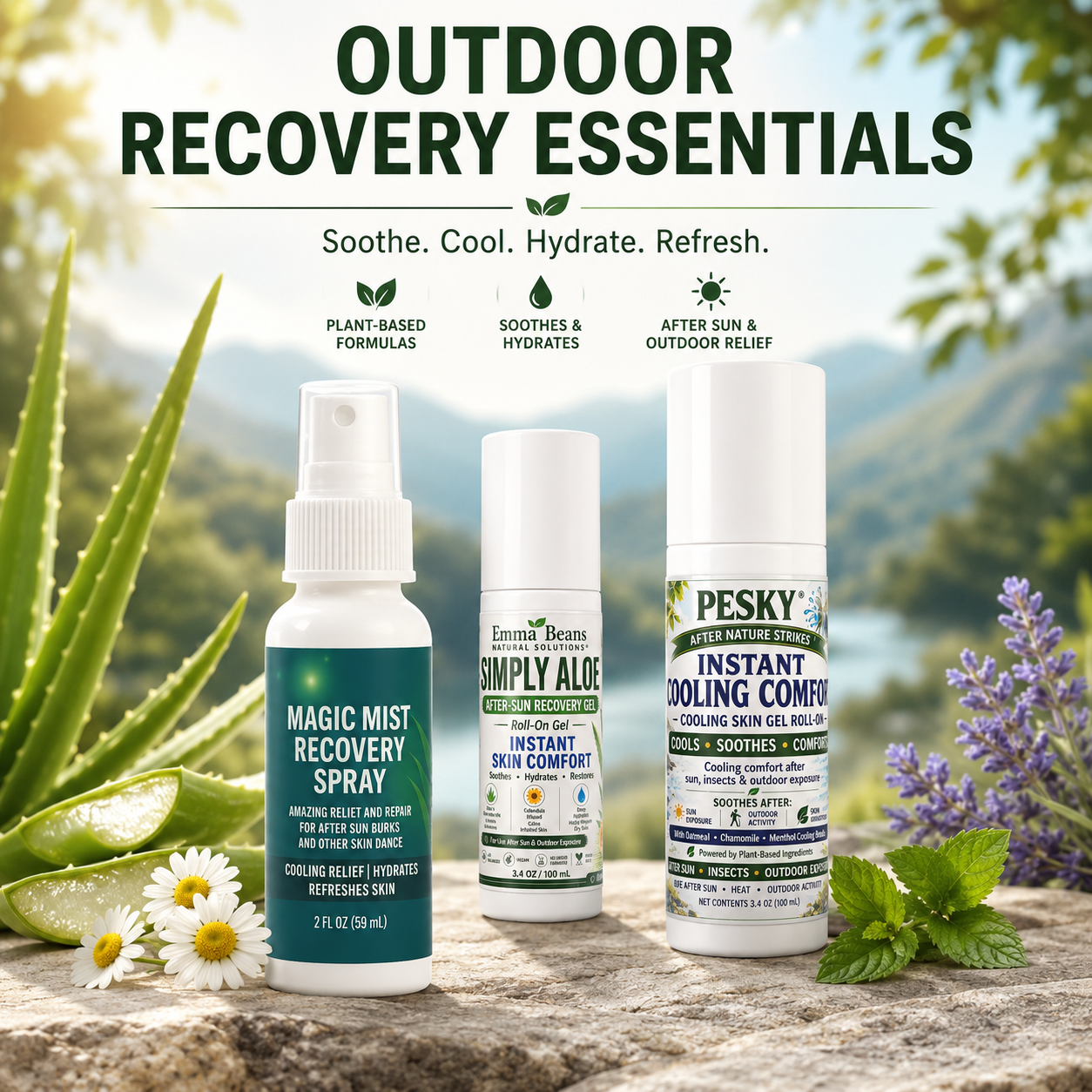 Magic Mist Recovery Spray — Instantly cools, soothes, and hydrates sun-stressed skin with pure aloe and botanicals.