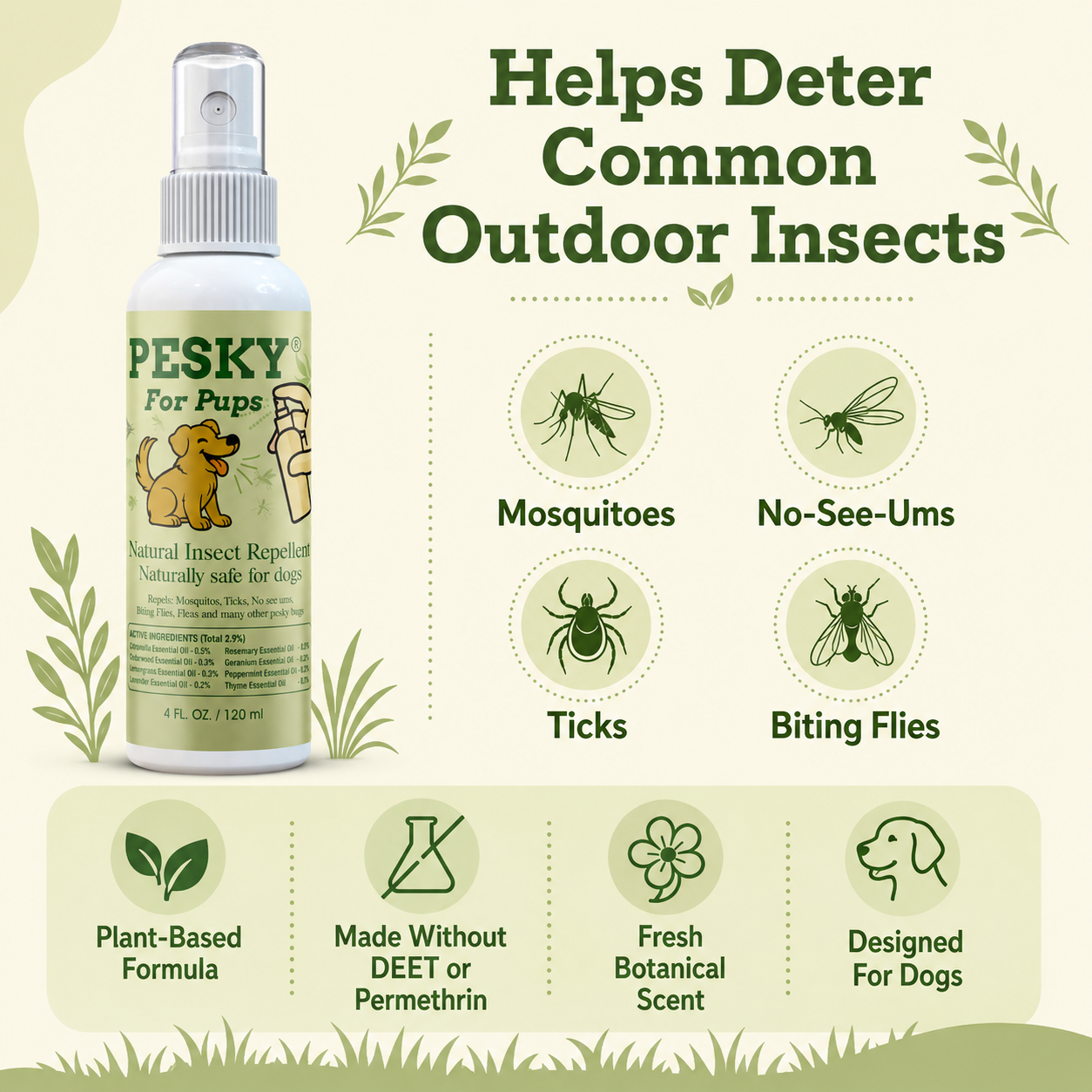 🐶 PESKY® for Pups Plant-Based Insect Deterrent Spray for Dogs 2oz