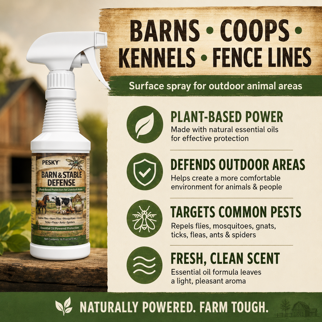 PESKY® Bug Away – Livestock Barn Surface Spray Plant-Based Insect Deterrent for Barns, Coops & Outdoor Animal Areas