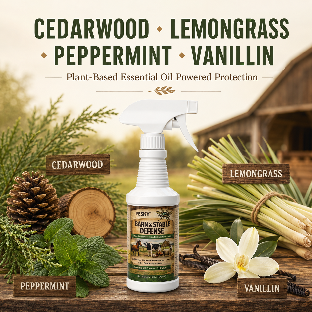 PESKY® Bug Away – Livestock Barn Surface Spray Plant-Based Insect Deterrent for Barns, Coops & Outdoor Animal Areas