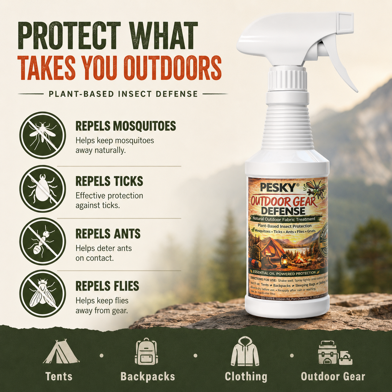 PESKY® Outdoor Gear Defense Spray | Botanical Formula for Tents, Clothing & Equipment | Helps Deter Mosquitoes, No-See-Ums & Biting Insects