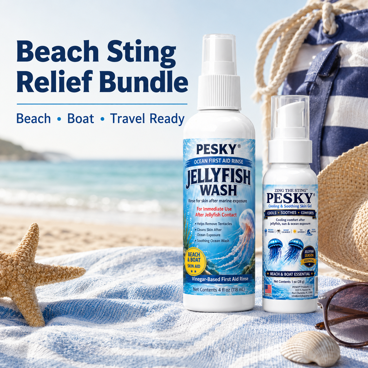 PESKY® Beach Sting Relief Bundle – Jellyfish Wash & Zing The Sting™ Cooling Comfort