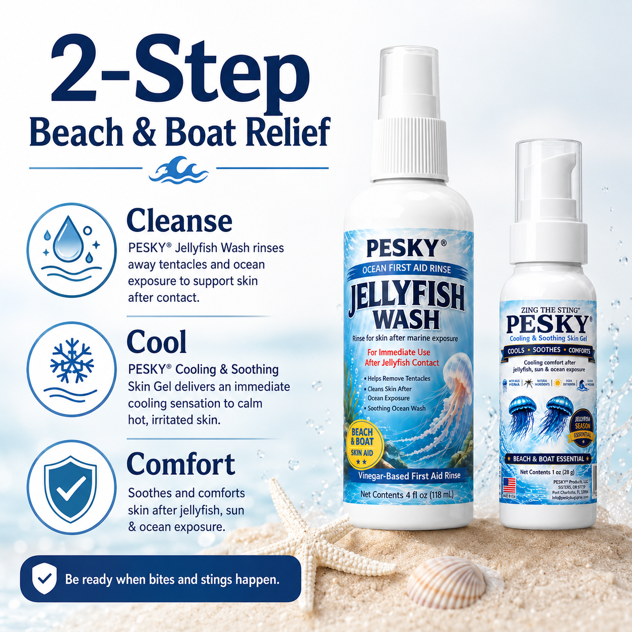 PESKY® Beach Sting Relief Bundle – Jellyfish Wash & Zing The Sting™ Cooling Comfort