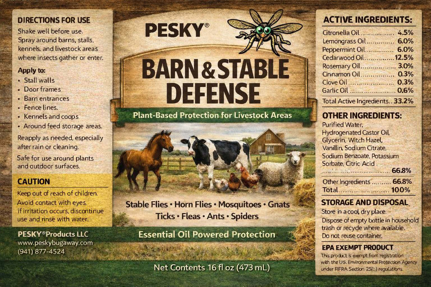 PESKY® Bug Away – Livestock Barn Surface Spray Plant-Based Insect Deterrent for Barns, Coops & Outdoor Animal Areas