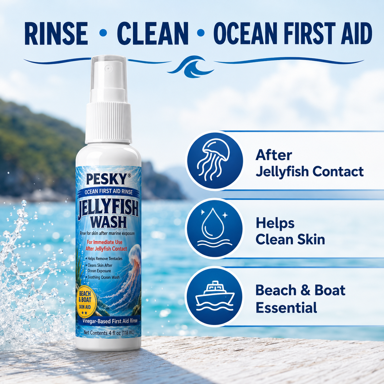 PESKY® Jellyfish Wash – Spray for Marine Stings- for beach bags, boats, dive gear, and coastal first-aid kits